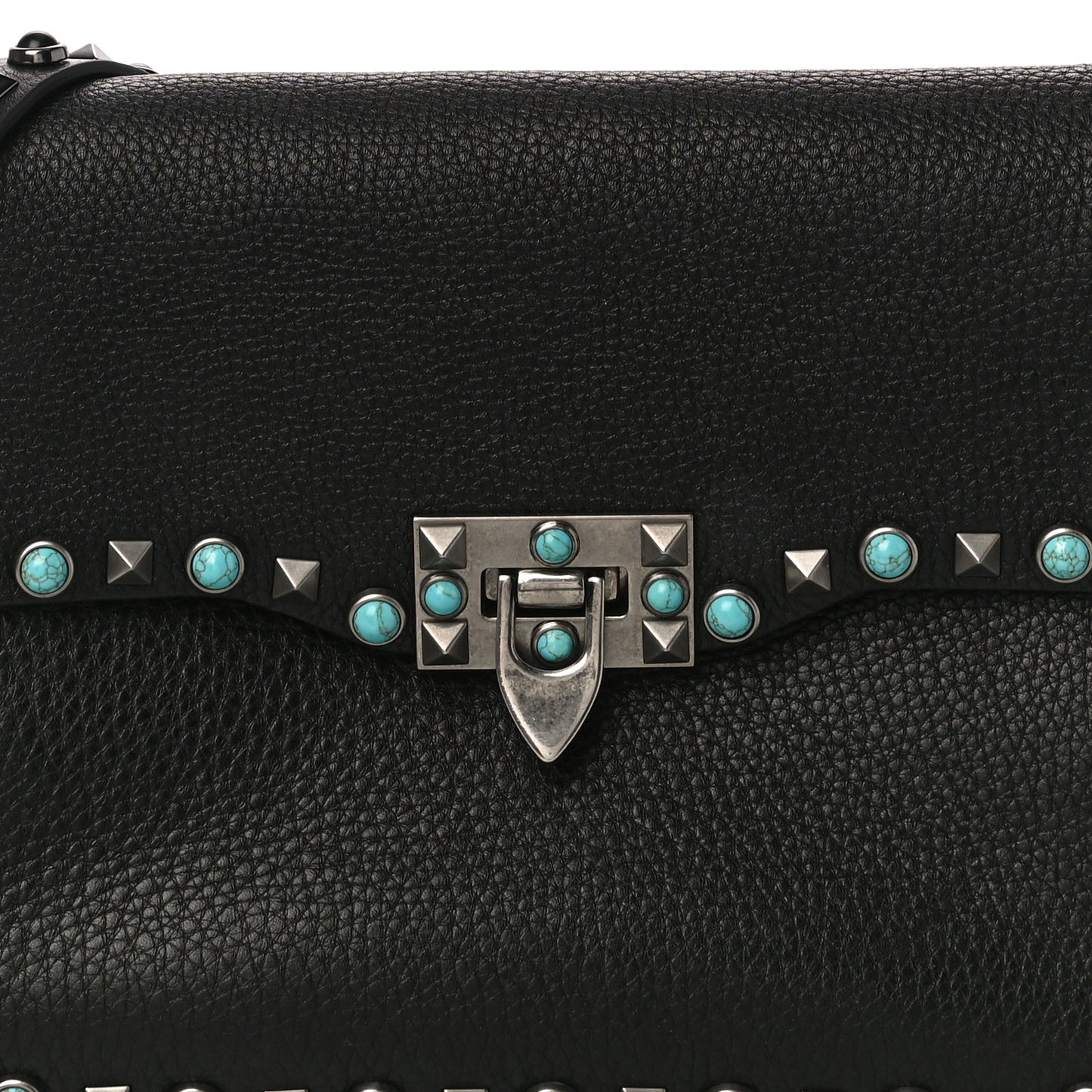 Pebbled Calfskin Turquoise Medium Rockstud Rolling Flap Saddle Bag Black
