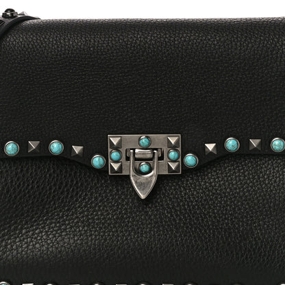 Valentino Garavani Pebbled Calfskin Turquoise Medium Rockstud Rolling Flap Saddle Bag Black 6 of 10