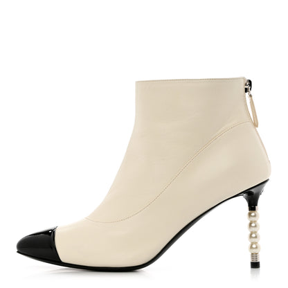 Chanel Lambskin Patent Calfskin Pearl Cap Toe Short Boots 38 Ivory Black 1 of 9