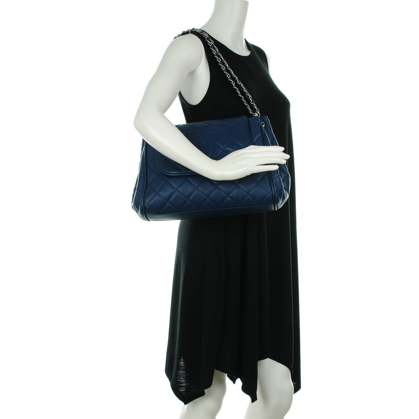 Caviar Quilted Timeless Accordion Flap Navy Blue