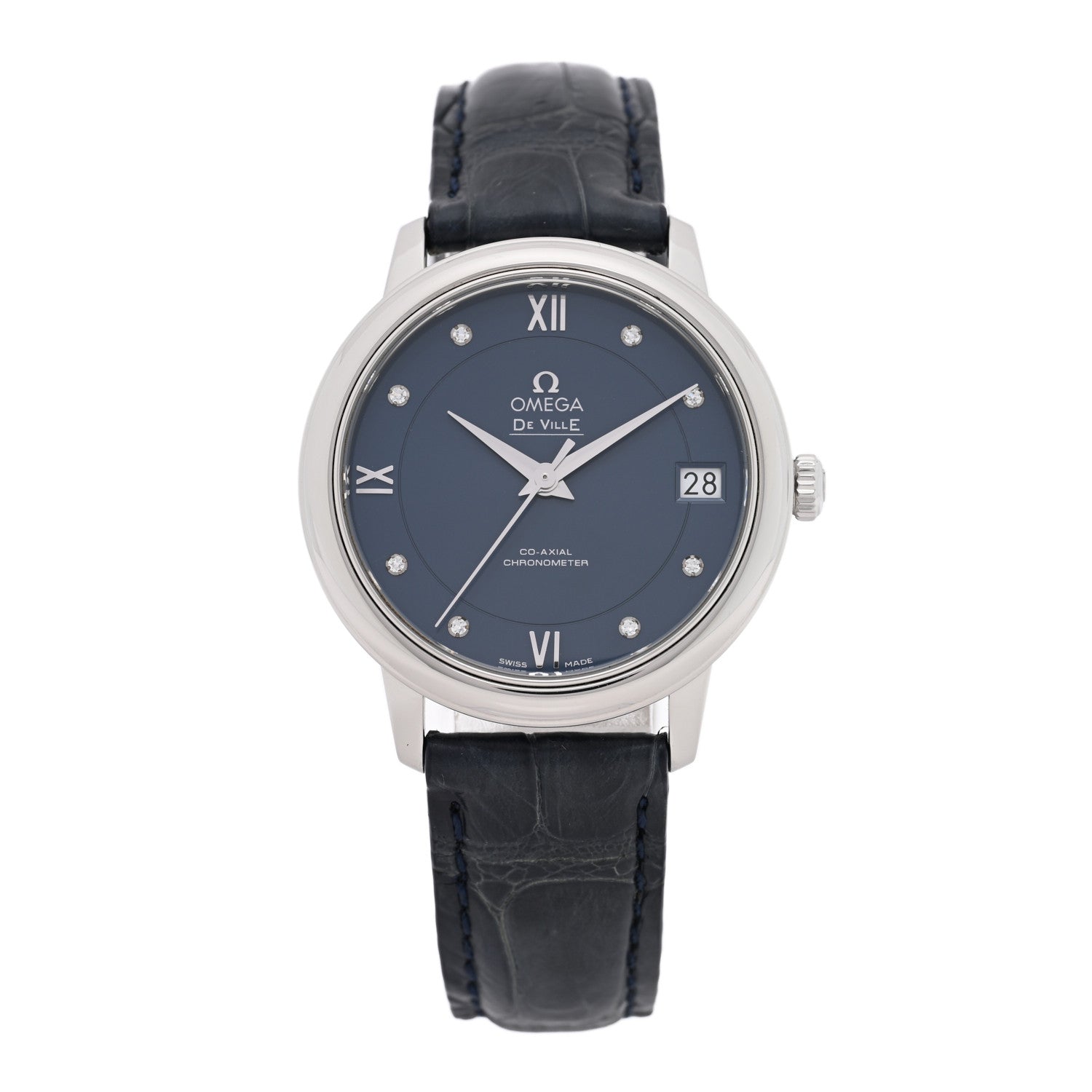 Omega Stainless Steel Alligator Diamond 32.7mm De Ville Prestige Automatic Watch Blue 424.13.33.20.53.001 1 of 4
