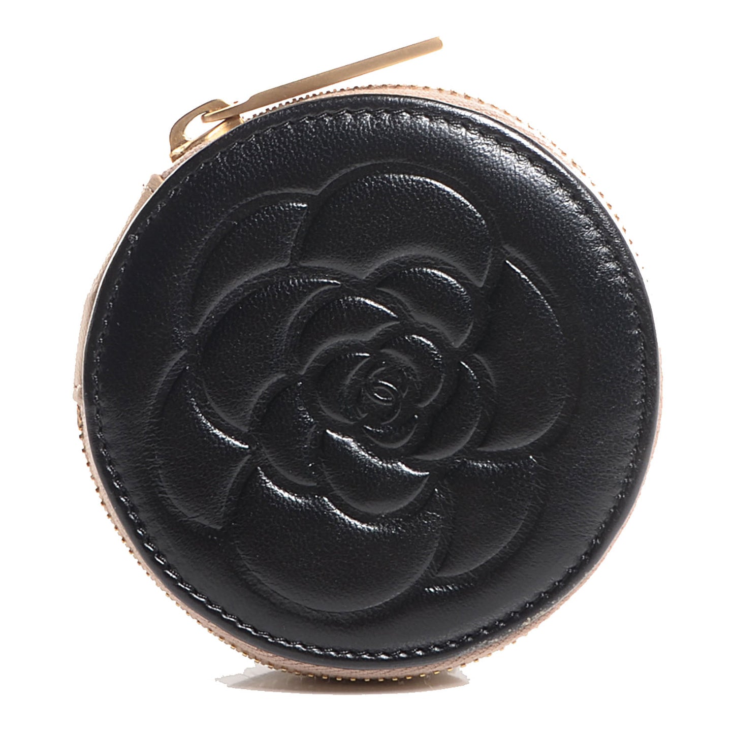 Lambskin Round Camellia CC Coin Purse Black