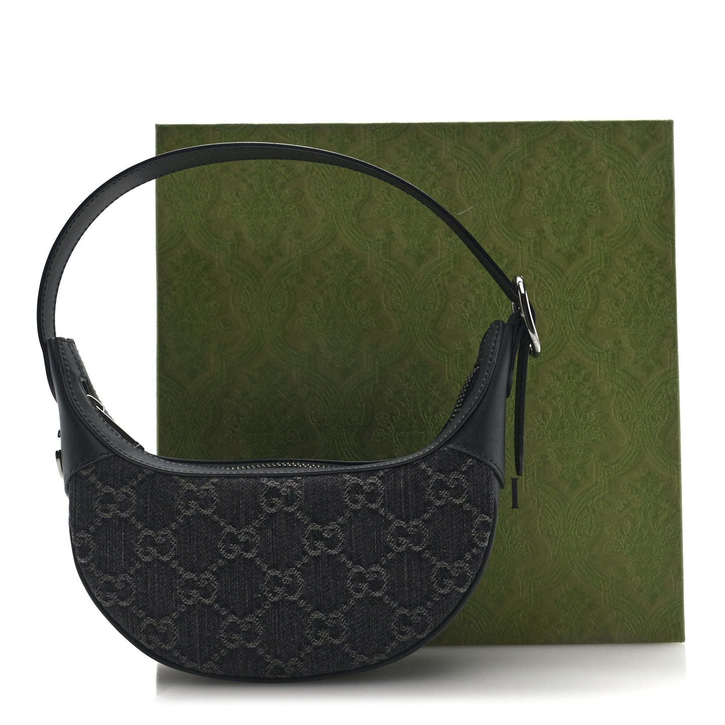 Denim GG Monogram Dollar Calfskin Web Mini Ophidia Half Moon Hobo Black Grey