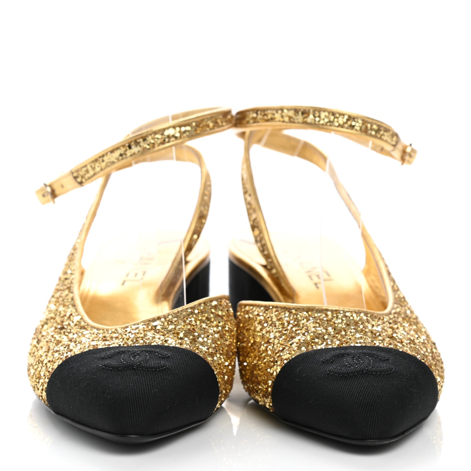 Chanel Glitter Grosgrain Cap Toe CC Ankle Wrap Pumps 39.5 Gold Black 2 of 8