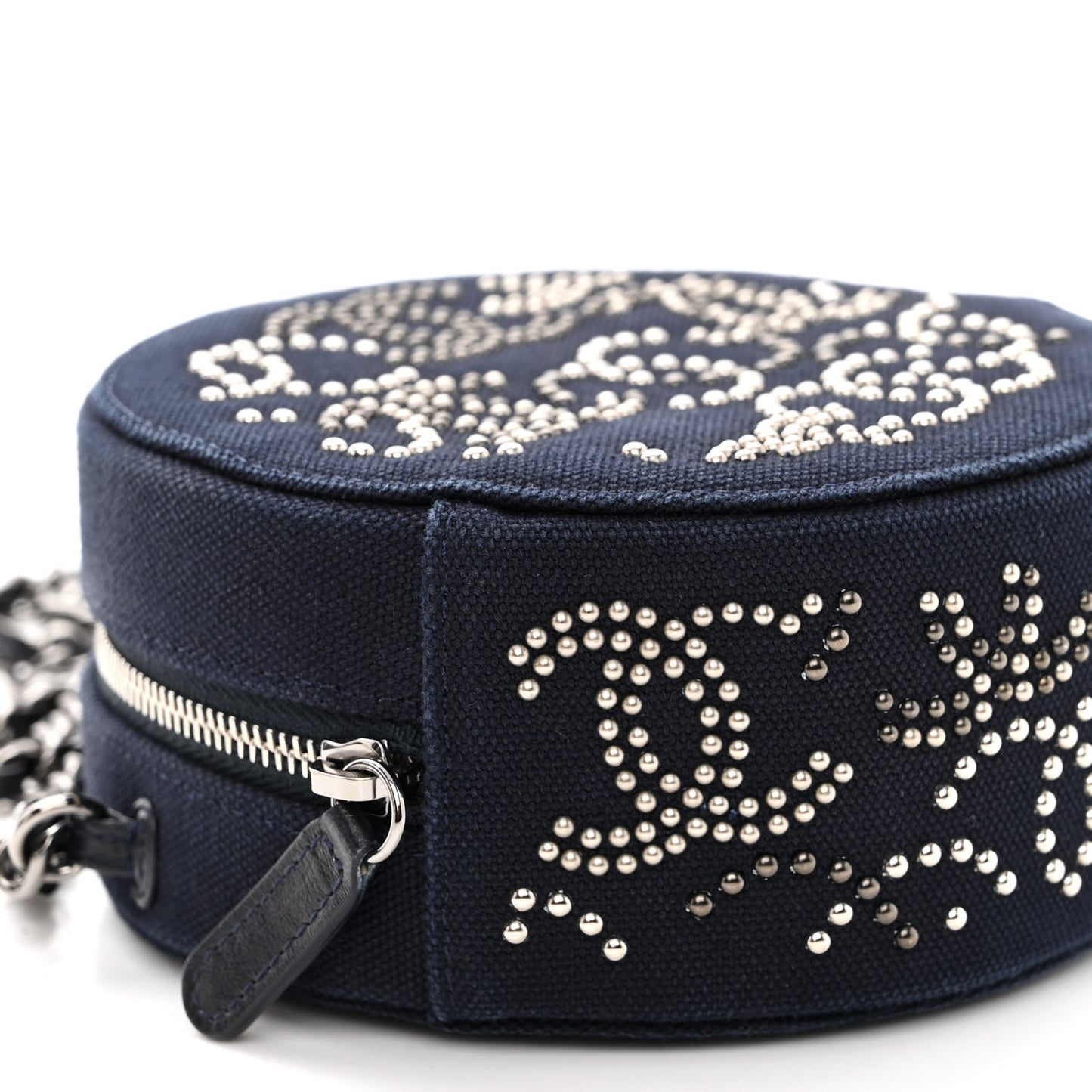 Canvas CC Studded Round Clutch With Chain Navy