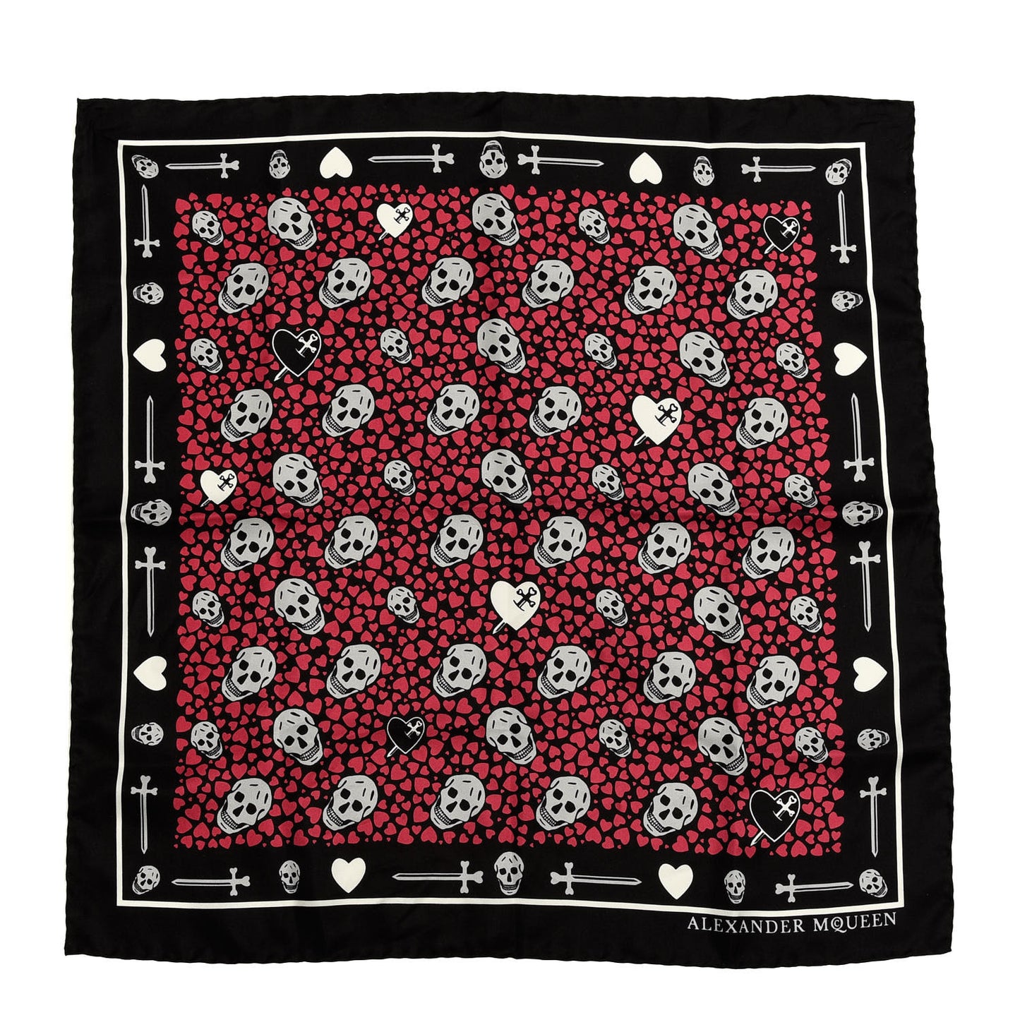 Silk Heart Skull Print Scarf Red
