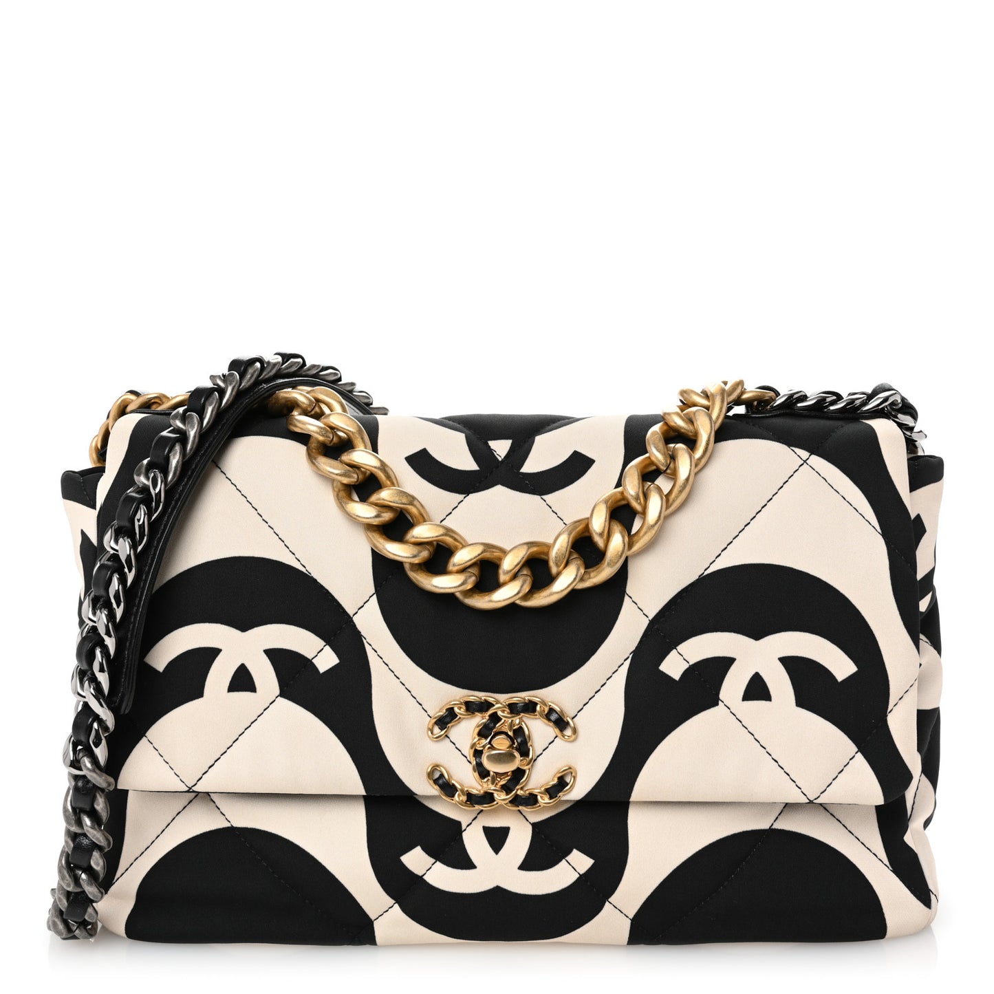 Fabric Printed Large Chanel 19 Flap Black Ecru