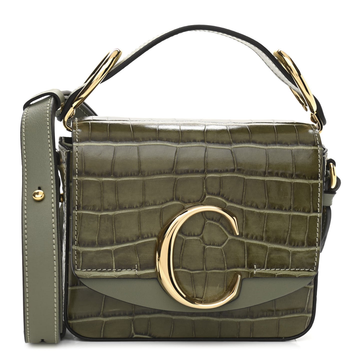 Calfskin Crocodile Embossed Mini C Double Carry Misty Forest