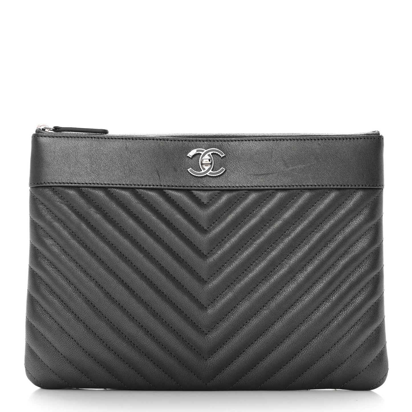 Metallic Sheepskin Chevron Quilted Mademoiselle Vintage Large Zip Pouch Dark Grey