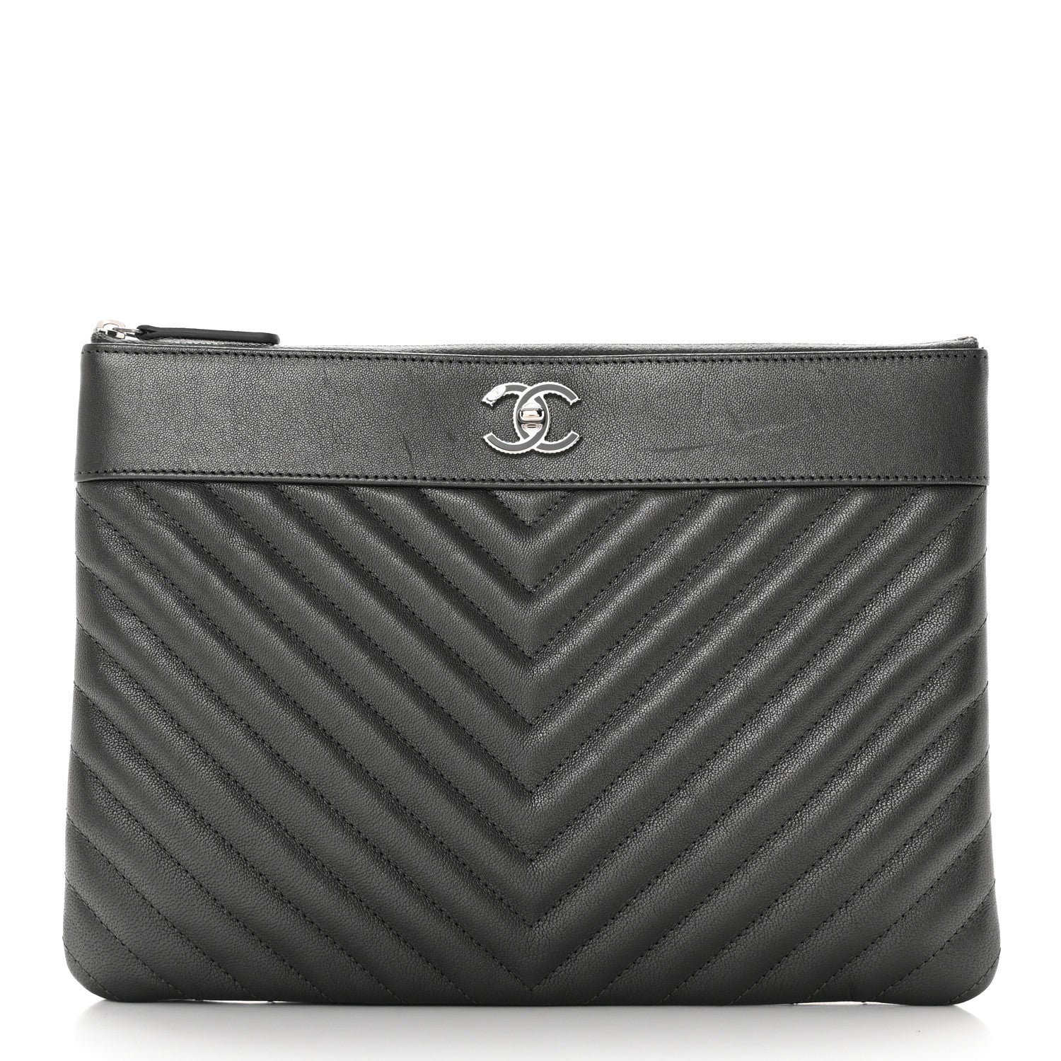 Chanel Metallic Sheepskin Chevron Quilted Mademoiselle Vintage Large Zip Pouch Dark Grey 1 of 10