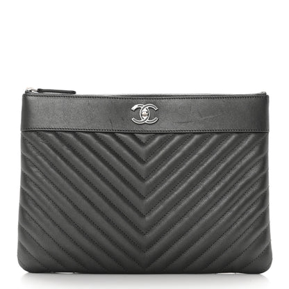 Chanel Metallic Sheepskin Chevron Quilted Mademoiselle Vintage Large Zip Pouch Dark Grey 1 of 10