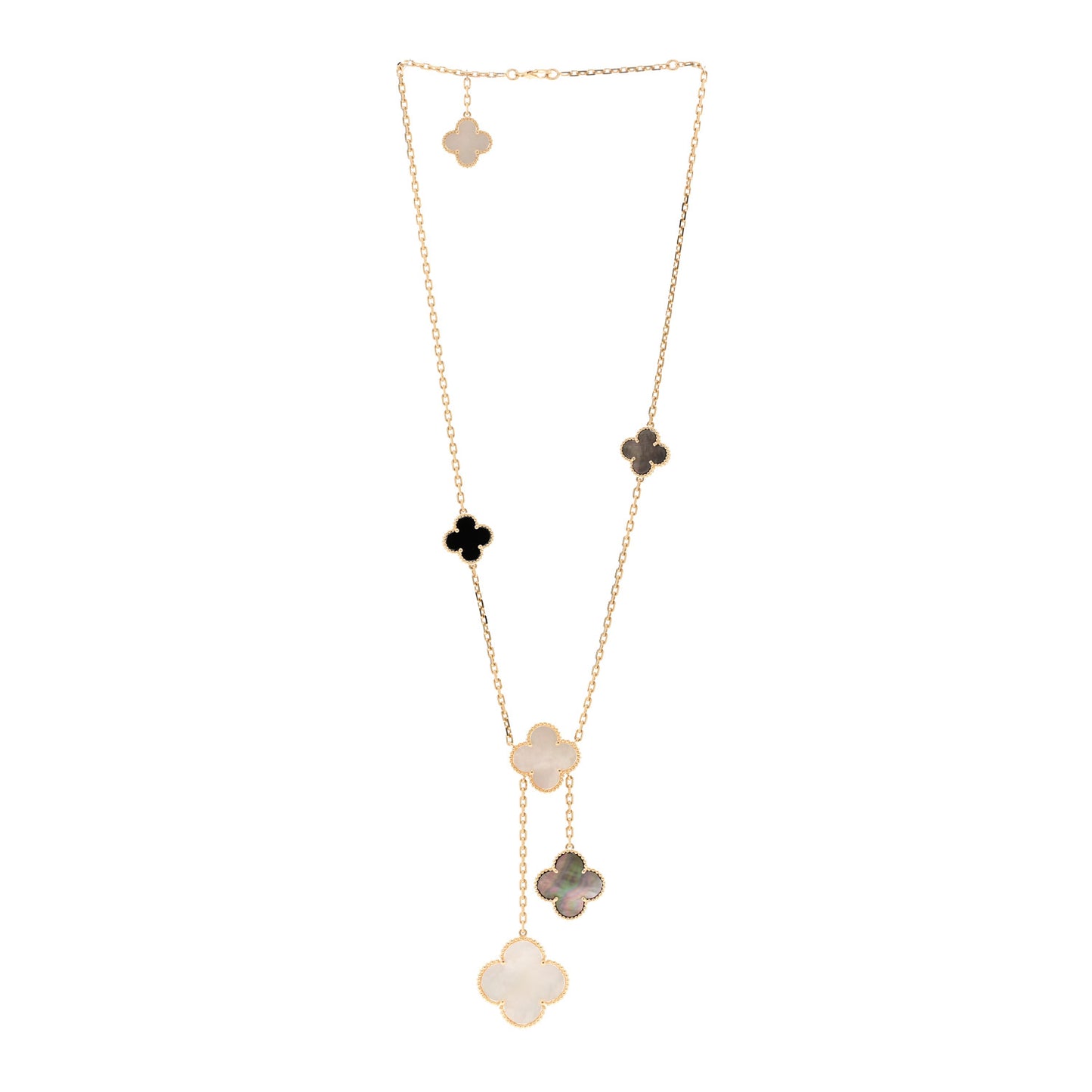 18K Yellow Gold Mother of Pearl Onyx 6 Motifs Magic Alhambra Necklace