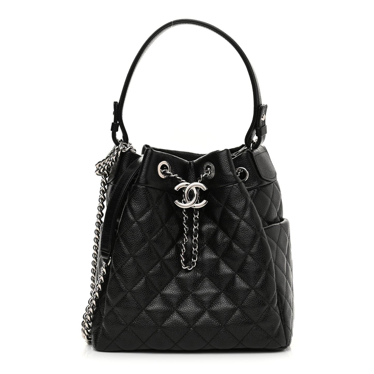 Caviar Quilted CC Chain Bucket Drawstring Bag Black