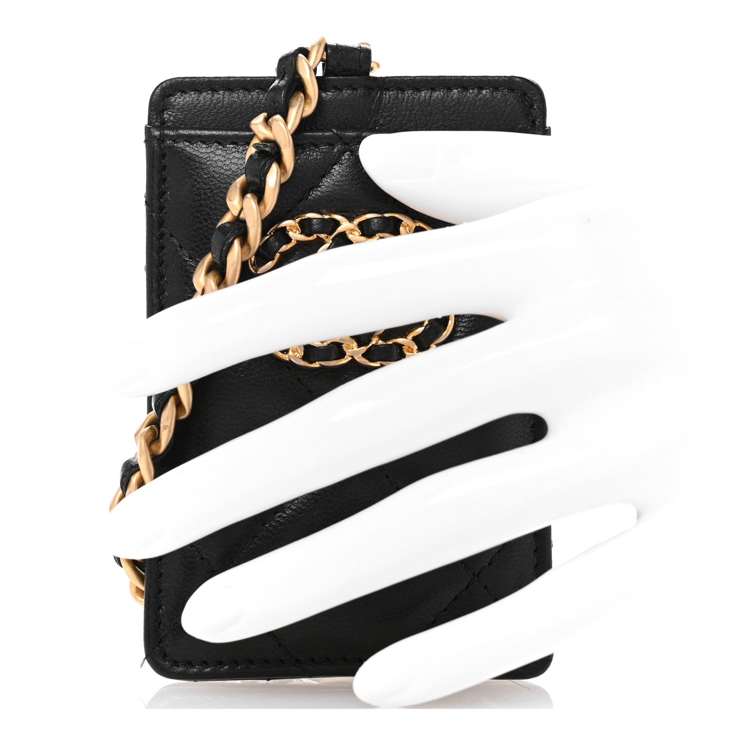 Chanel Shiny Goatskin Quilted Chanel 19 Card Holder On Chain Black 2 of 8