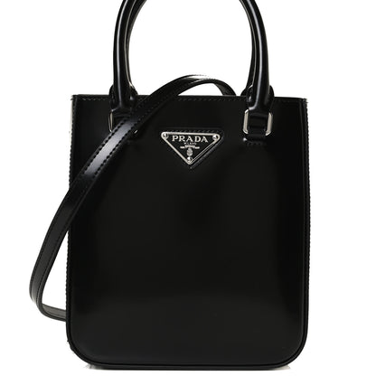 Prada Spazzolato Triangle Small Double Handle Crossbody Tote Black 9 of 12