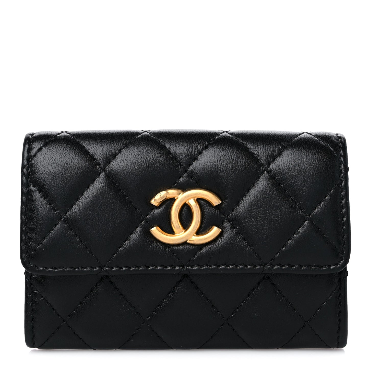 Lambskin Quilted Flap Card Holder Black