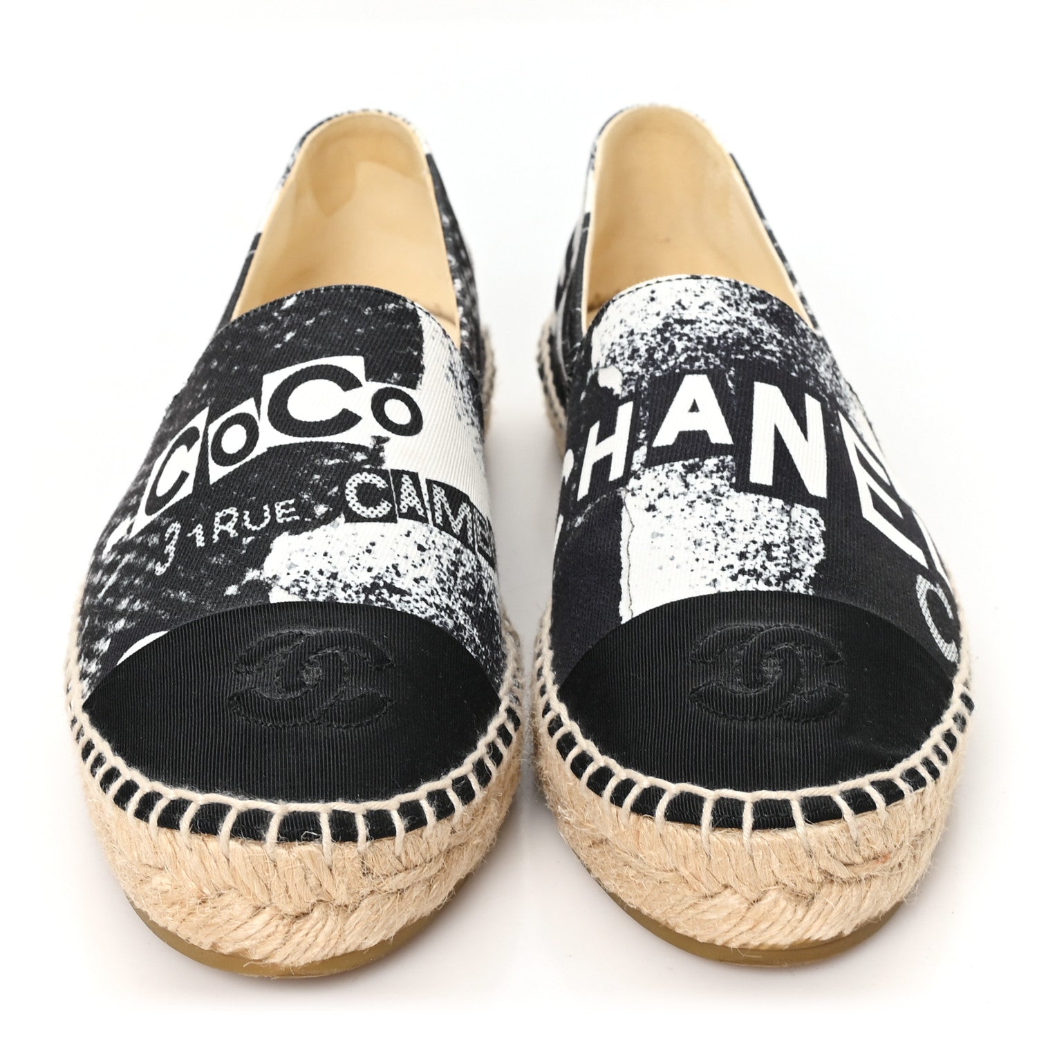 Chanel Printed Canvas Grosgrain 31 Rue Cambon Espadrilles 37 Black White 3 of 9