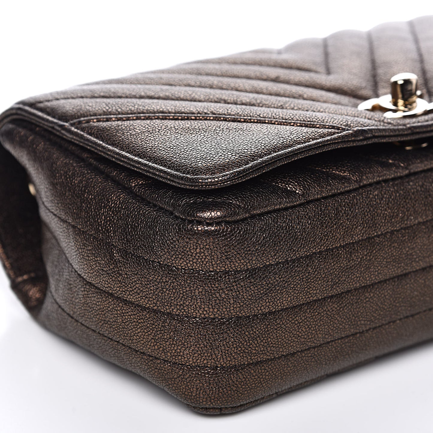 Metallic Caviar Chevron Quilted Mini Statement Flap Bronze