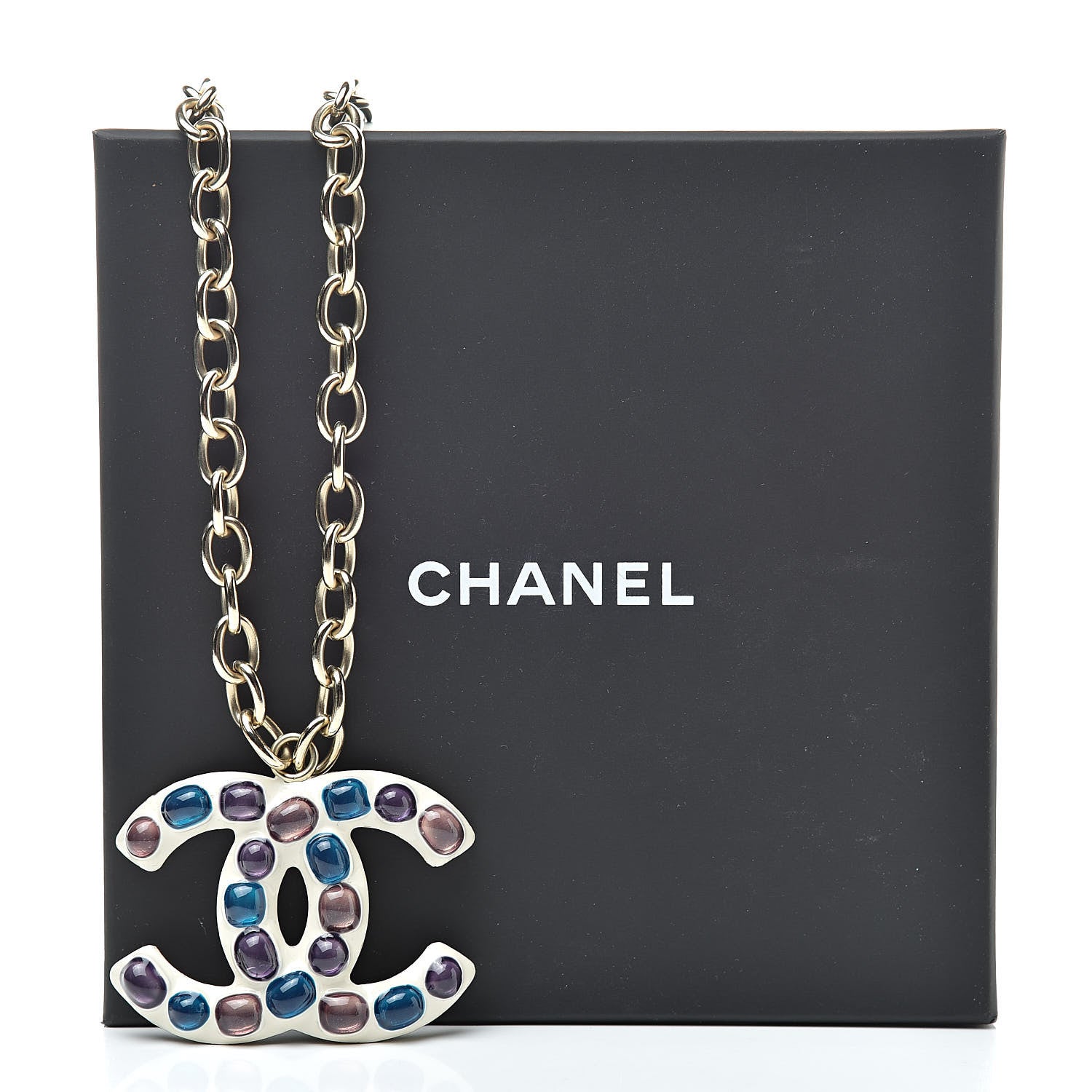 Chanel Poured Glass Large CC Pendant Necklace Gold Multicolor 6 of 6