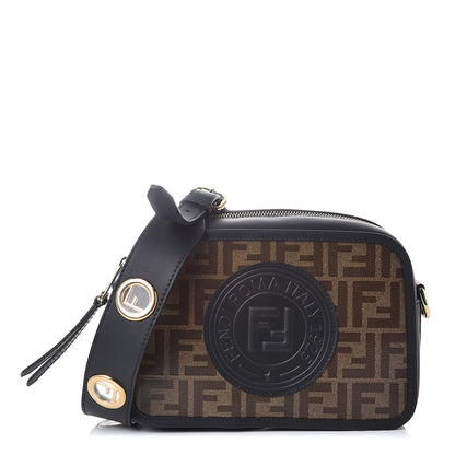 Fendi Glazed Fabric Vitello Century F is Fendi FF 1974 Stamp Patch Camera Case Mogano Panna Black 1 of 8