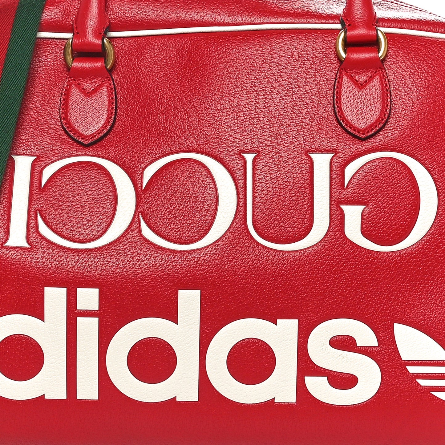 X ADIDAS Textured Dollar Calfskin Web Trefoil Large Bowling Bag Hibiscus Red  Off White