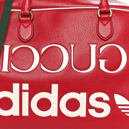 Gucci X ADIDAS Textured Dollar Calfskin Web Trefoil Large Bowling Bag Hibiscus Red  Off White 8 of 10