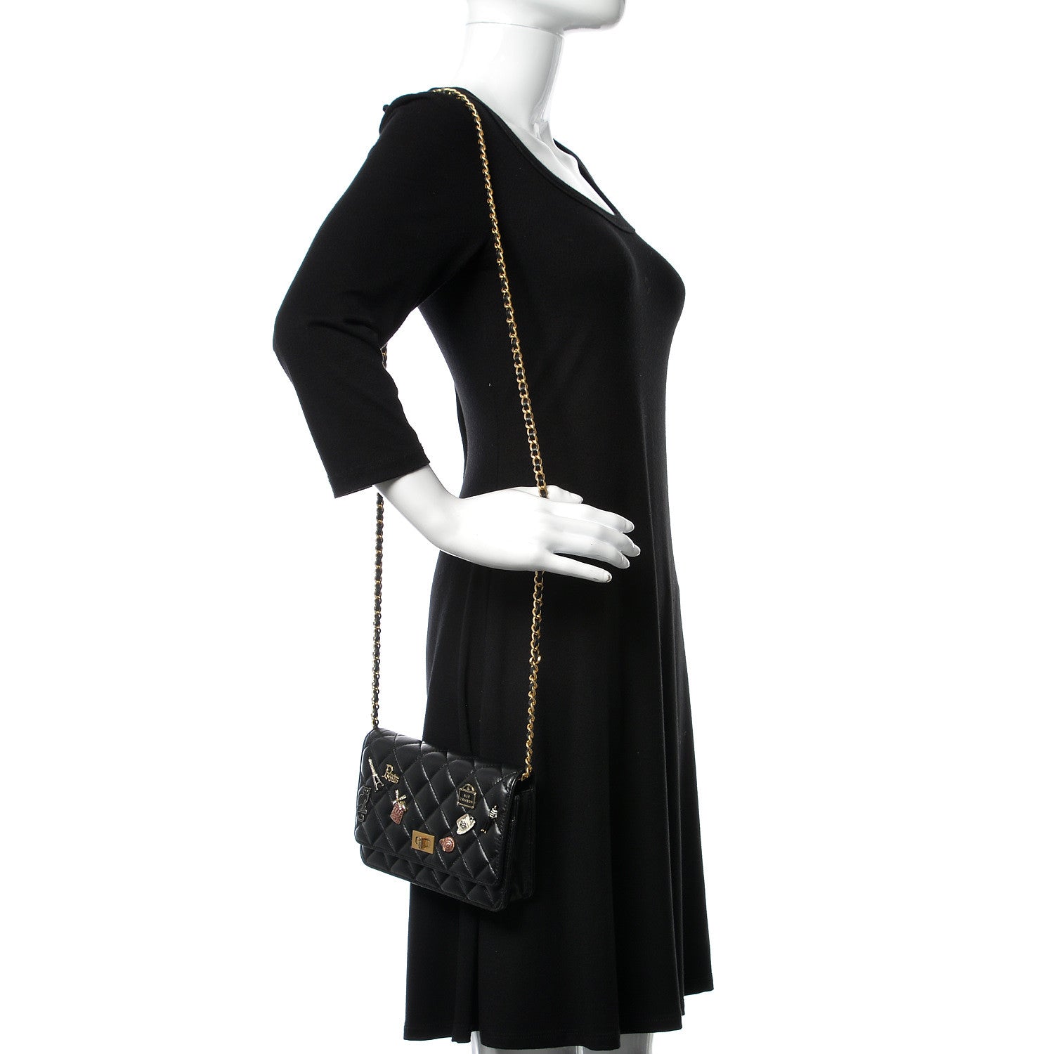 Chanel Aged Calfskin Quilted Lucky Charms 2.55 Reissue Wallet On Chain WOC Black 2 of 11