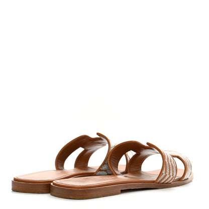 Hermes Embroidered Calfskin Oran Sandals 40 Naturel Gris Argente 4 of 8