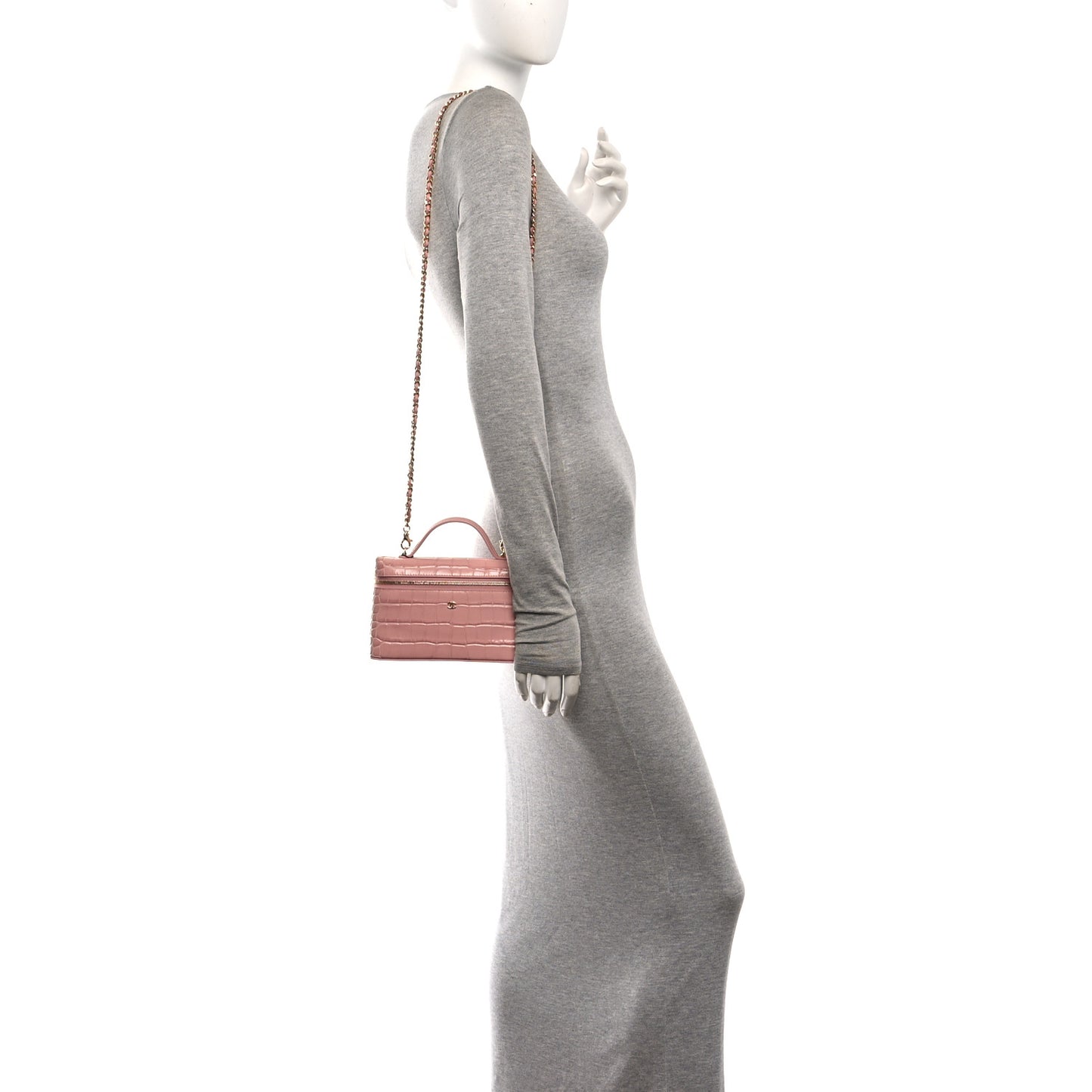 Calfskin Crocodile Embossed Top Handle Vanity Case With Chain Pink