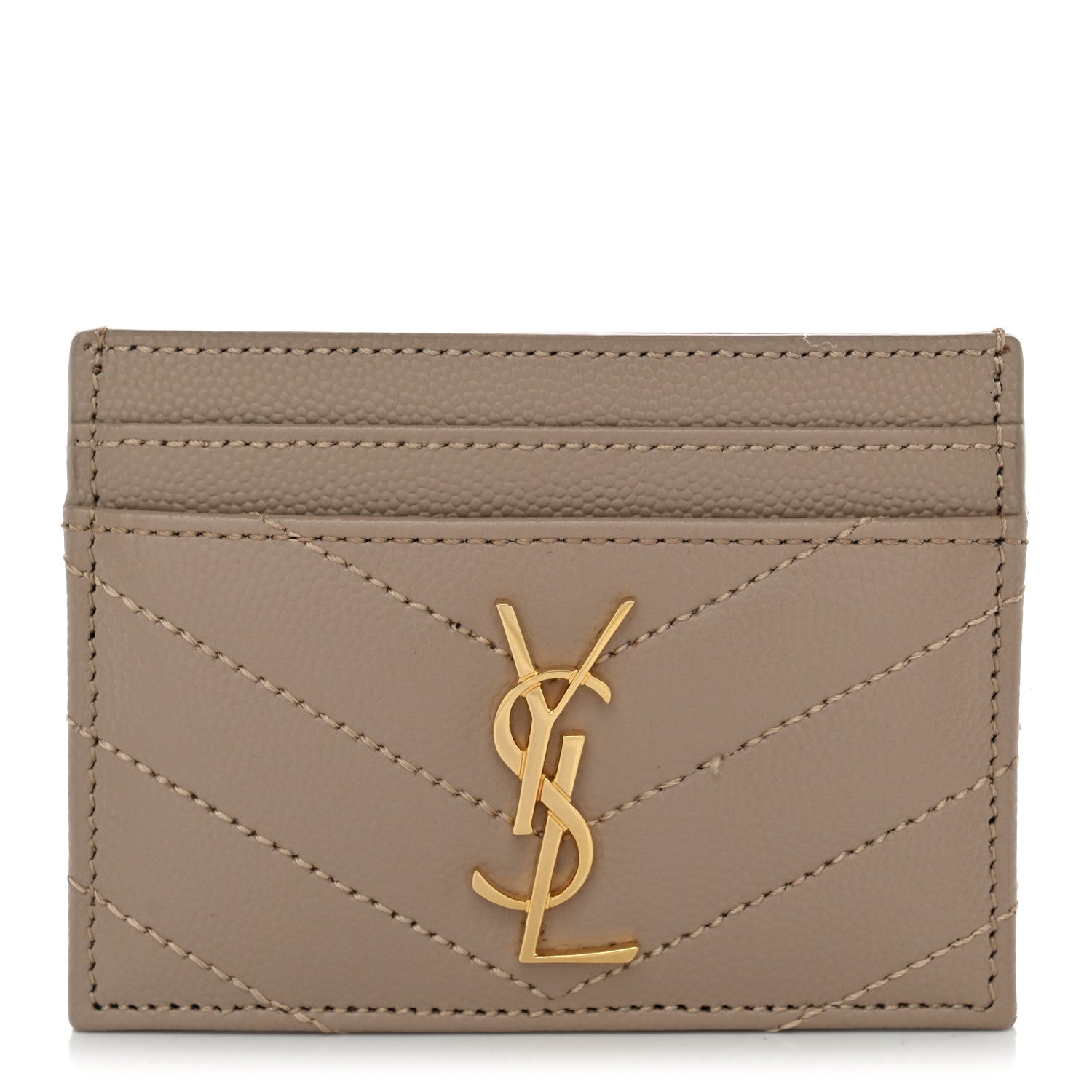 Saint Laurent Grain De Poudre Matelasse Chevron Monogram Credit Card Case Dark Beige 1 of 8