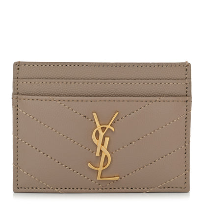 Saint Laurent Grain De Poudre Matelasse Chevron Monogram Credit Card Case Dark Beige 1 of 8