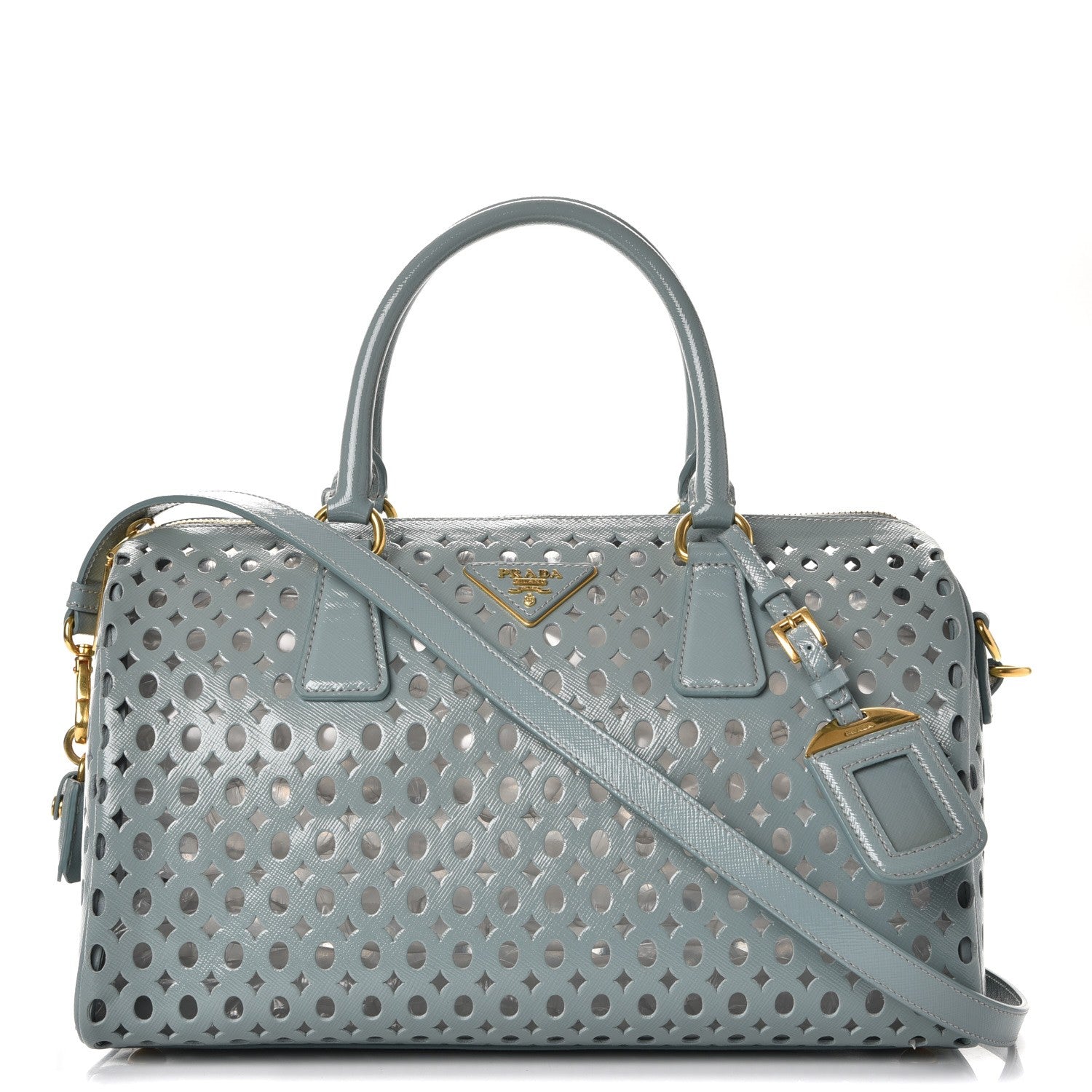 Prada Saffiano Vernice Perforated Satchel Lago 1 of 10
