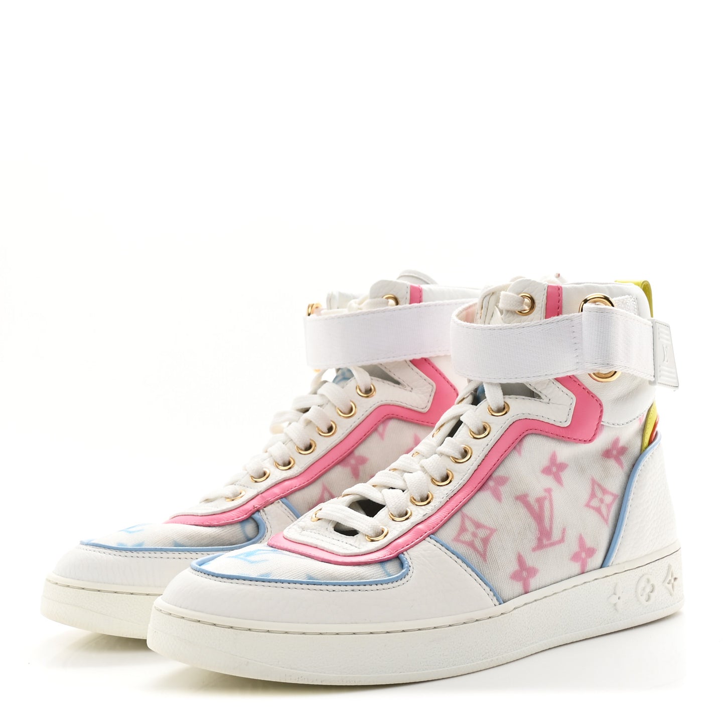 Calfskin Nylon Mesh Monogram Womens Boombox High Top Sneakers 37 Bleu Rose