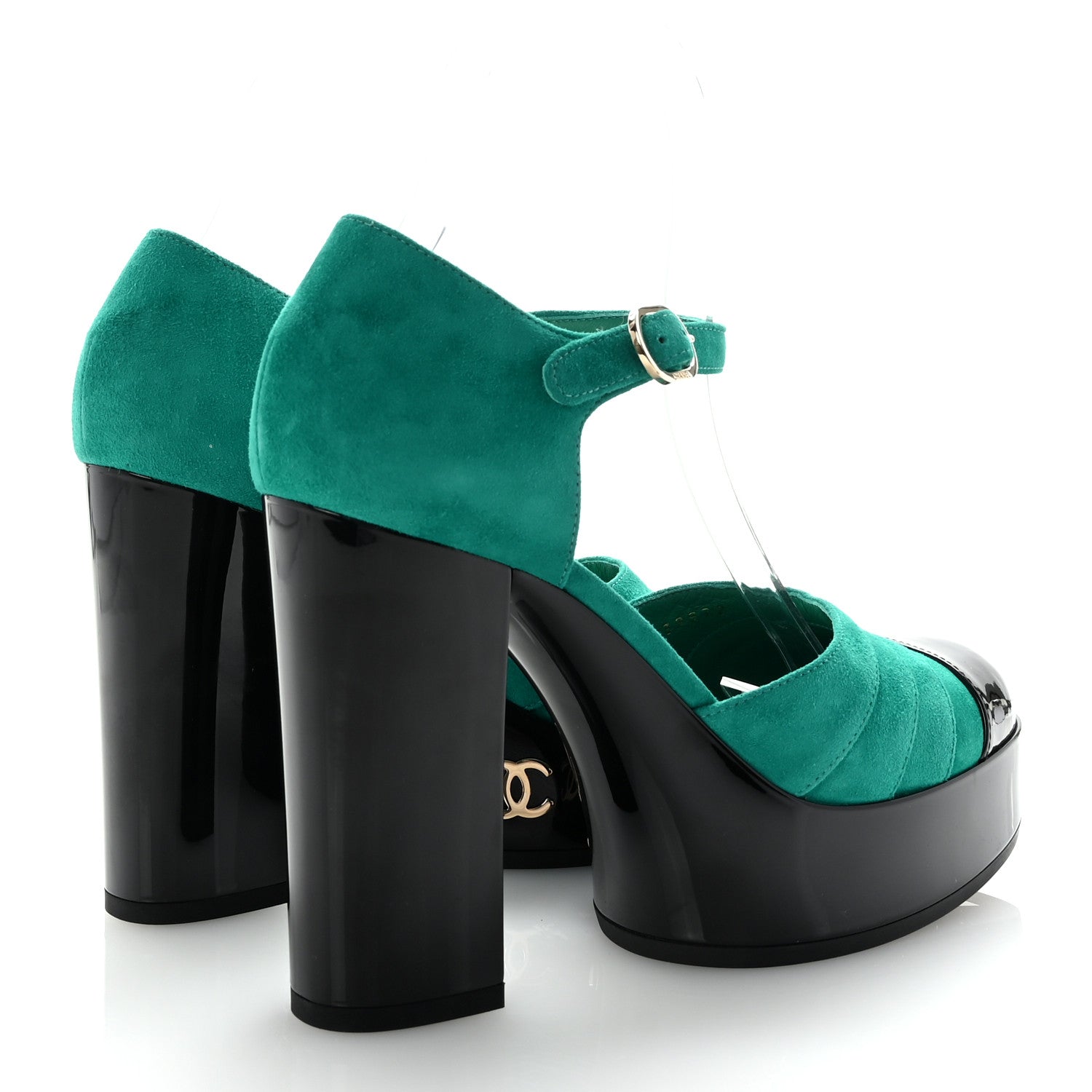 Chanel Suede Kidskin Patent Calfskin CC Platform Pumps 37.5 Green Black 5 of 10