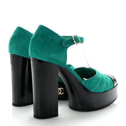 Chanel Suede Kidskin Patent Calfskin CC Platform Pumps 37.5 Green Black 5 of 10
