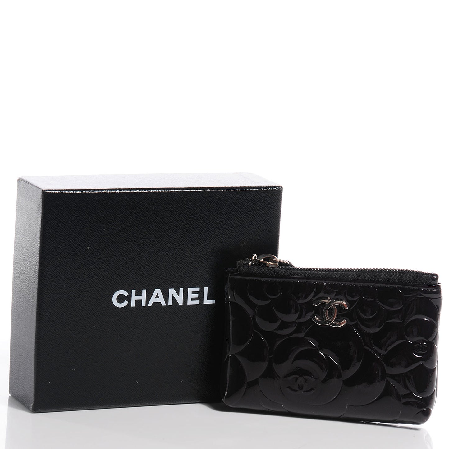 Patent Leather Camellia Embossed Key Holder Case Black