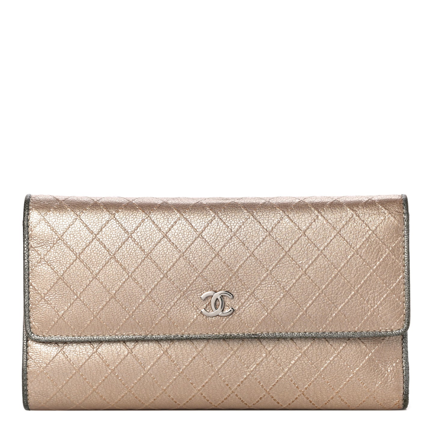 Metallic Calfskin Diamond Stitched Flap Wallet Gold