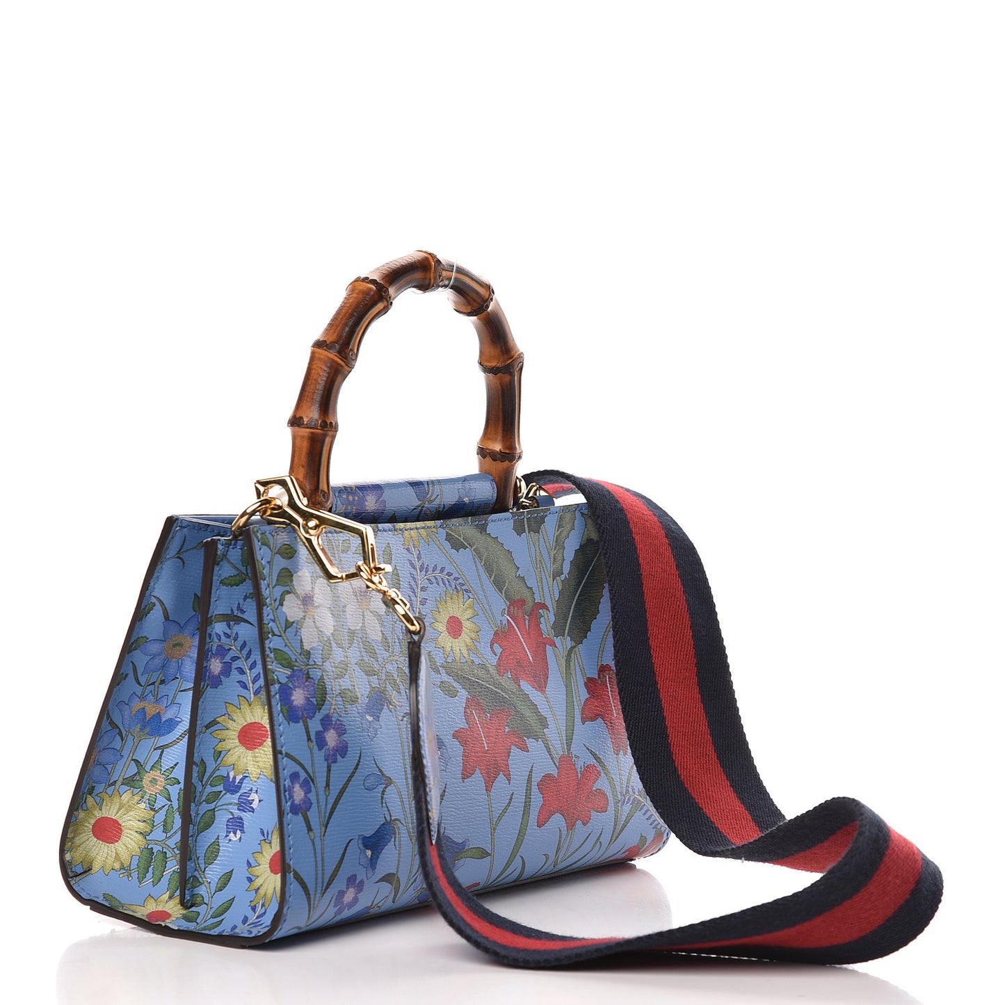 Calfskin Bamboo Web New Flora Mini Nymphaea Top Handle Bag Azure
