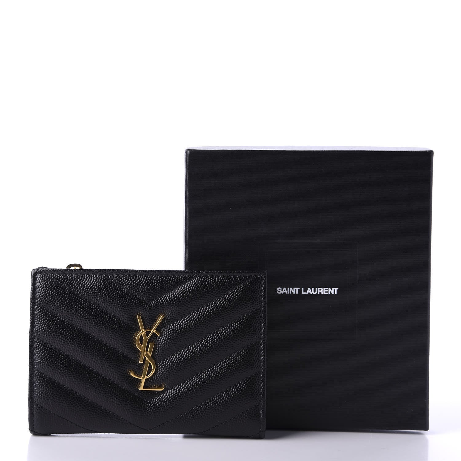 Saint Laurent Grain De Poudre Matelasse Chevron Monogram Zipped Two-Part Wallet Black 10 of 10