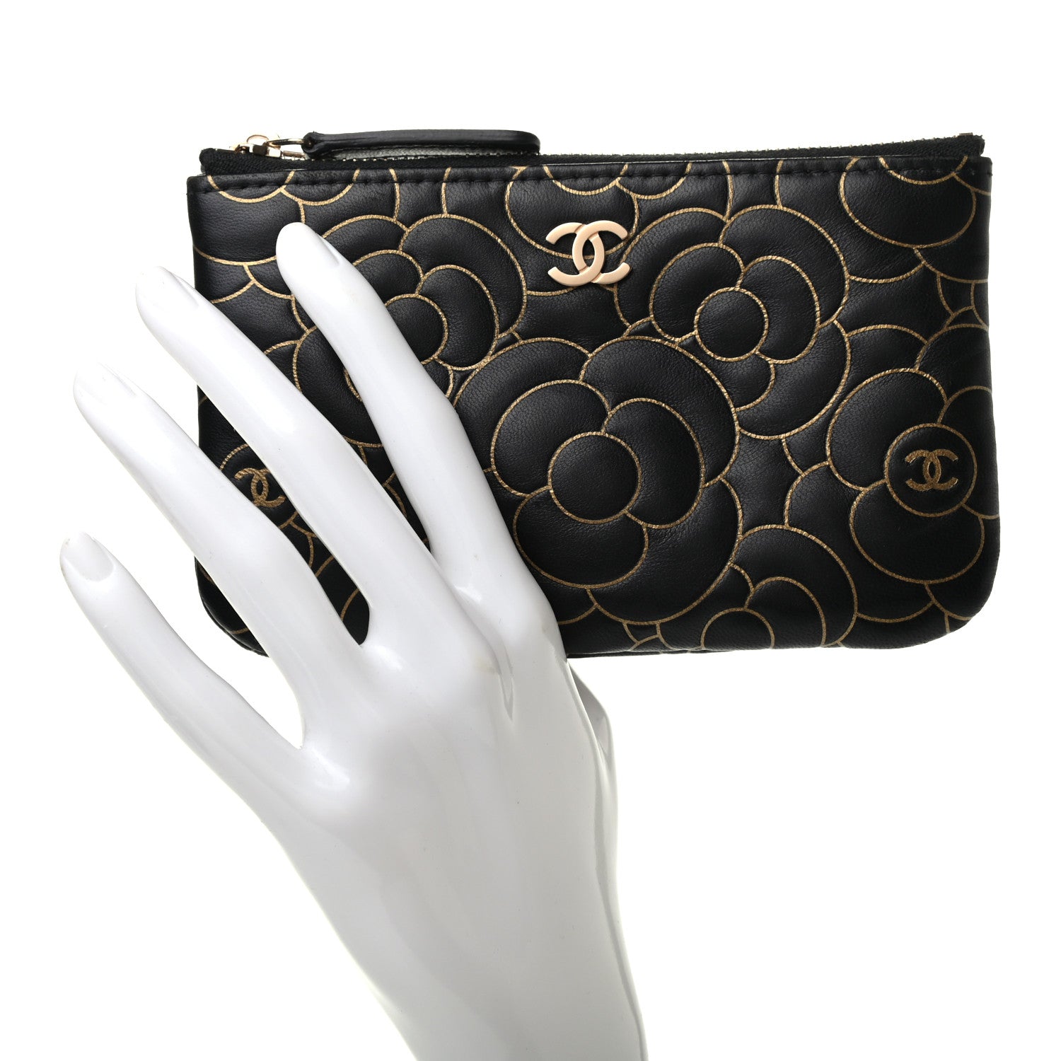 Chanel Lambskin Camellia Embossed Small Cosmetic Case Black Gold 2 of 7