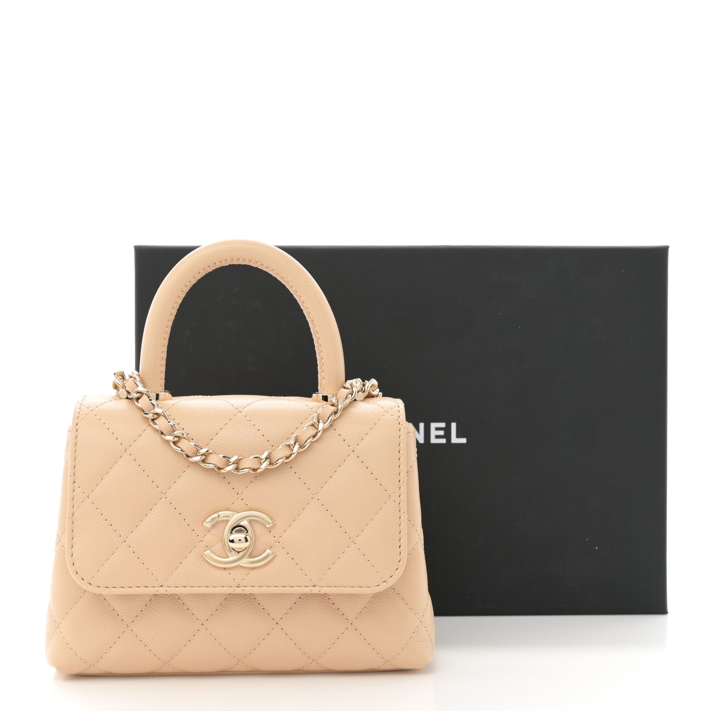 Caviar Quilted Coco Handle Clutch With Chain Beige