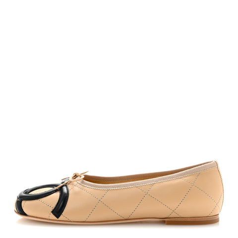 Lambskin Quilted CC Cambon Ballet Flats 38 Beige Black