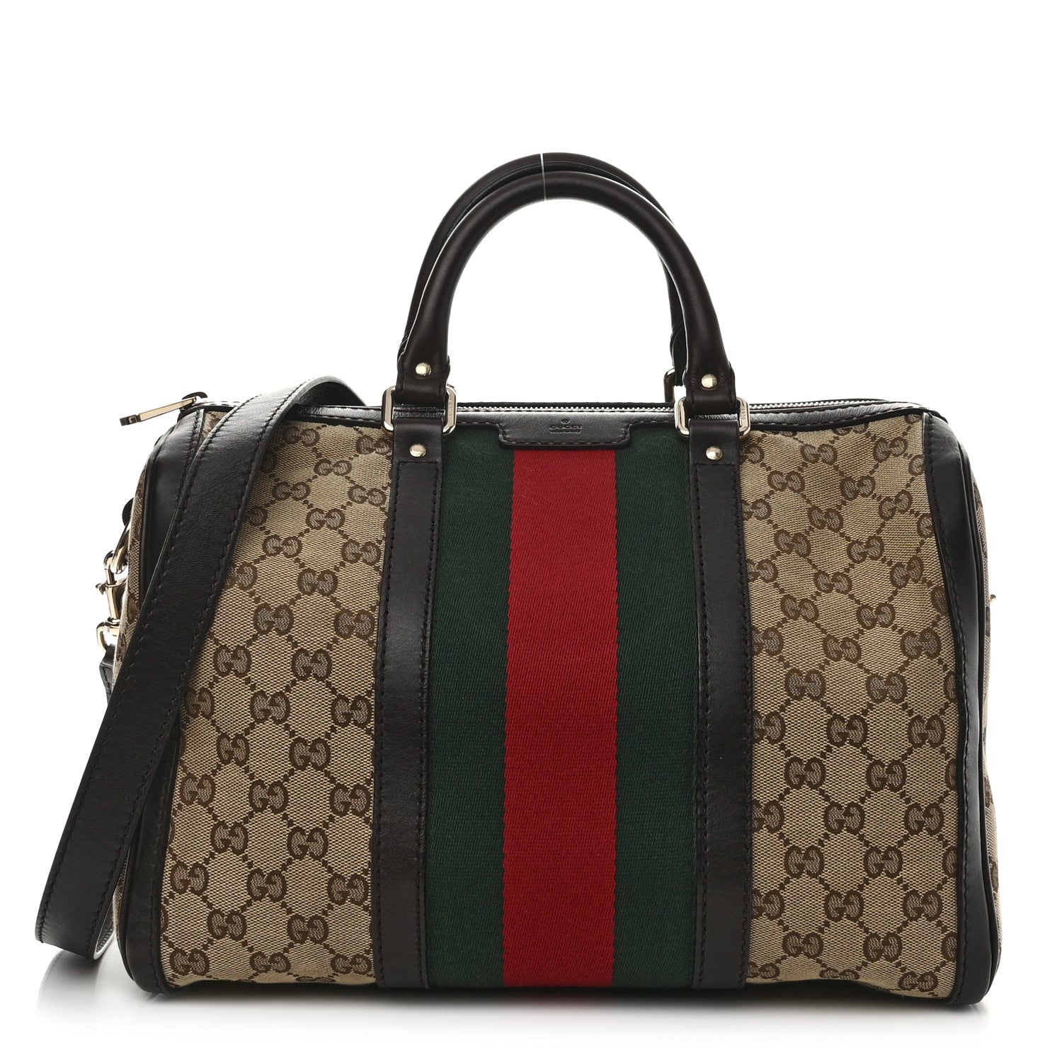 Gucci Monogram Selleria Calfskin Vintage Web Medium Boston Beige Ebony Cocoa 1 of 14