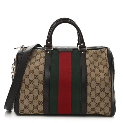 Gucci Monogram Selleria Calfskin Vintage Web Medium Boston Beige Ebony Cocoa 1 of 14