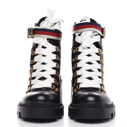 Gucci Calfskin Sylvie Web Lace Up Combat Boots 36 Black 2 of 9