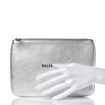 Balenciaga Metallic Goatskin Logo Large Everyday Zip Pouch Argent Black 2 of 7