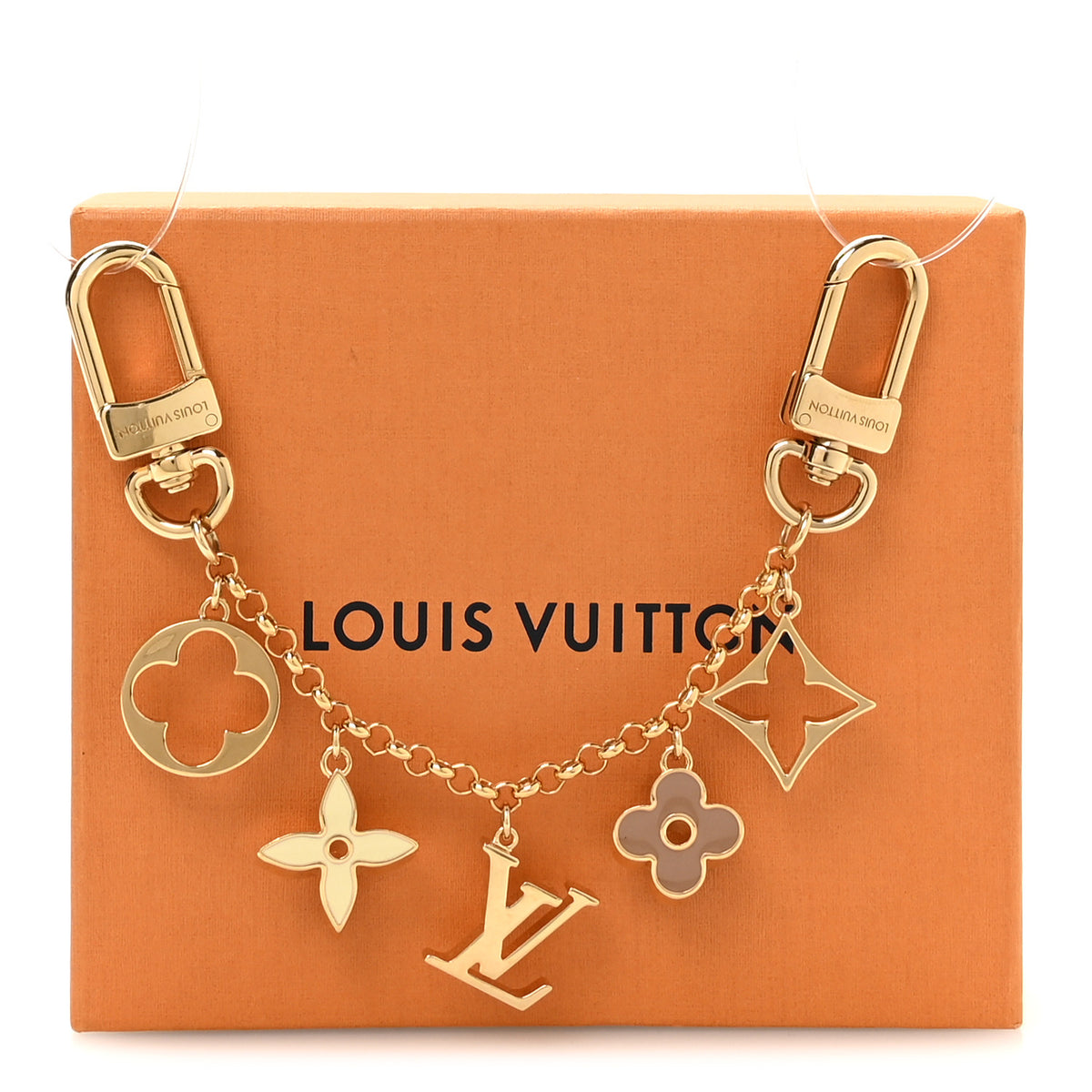 Brass Enamel Fleur De Monogram Bag Charm Chain Gold