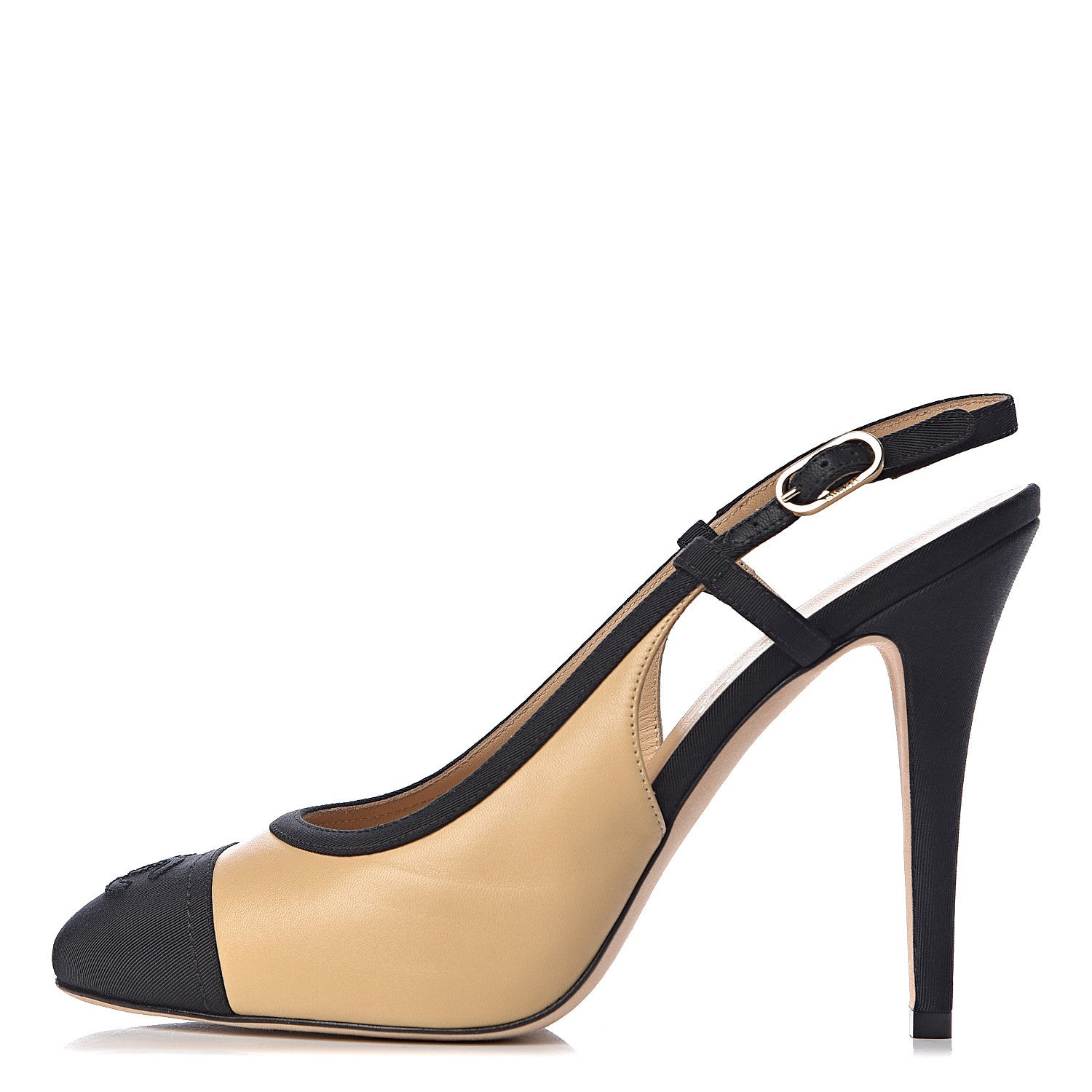 Chanel Lambskin Grosgrain Cap Toe CC Slingback Pumps 39.5 Beige Black 1 of 9