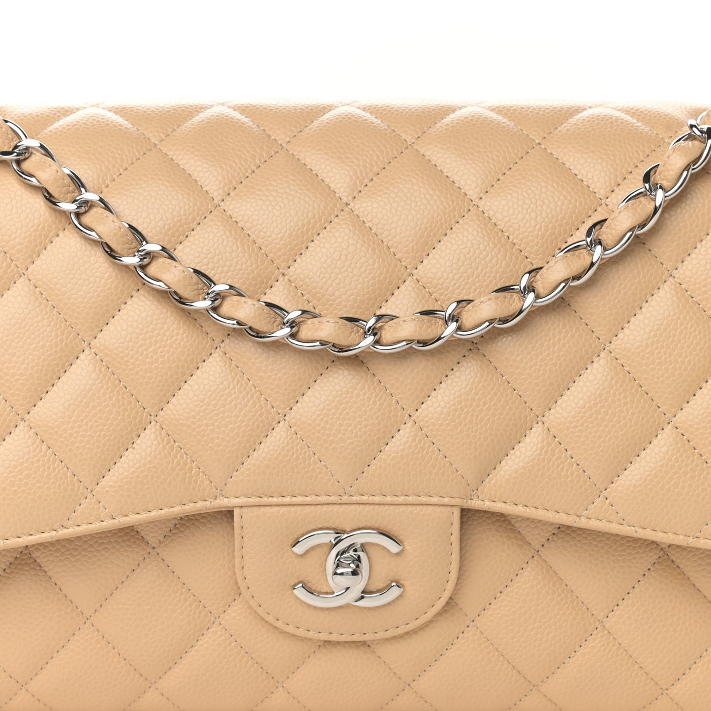 Caviar Quilted Jumbo Double Flap Beige Clair