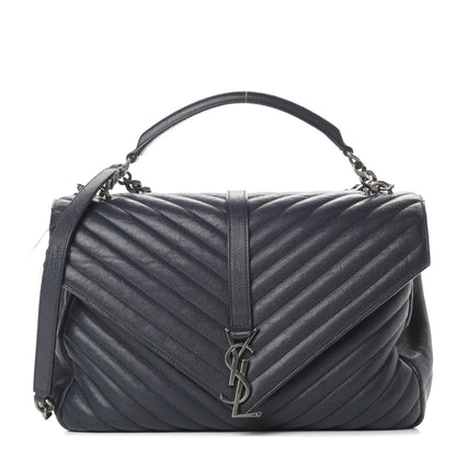 Saint Laurent Sheepskin Matelasse Chevron Monogram Large College Satchel Navy Blue 1 of 19